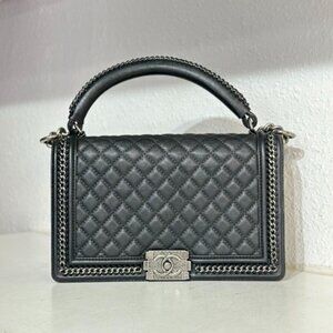 Chanel Black Leather Medium Large Boy Bag With Top Handle Shoulder Bag
